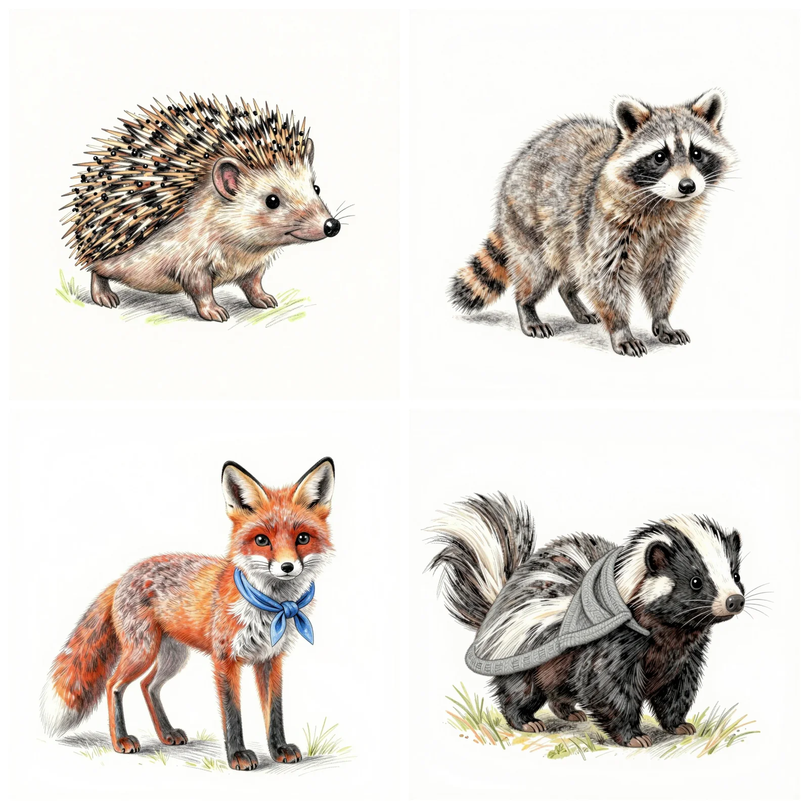 Four LoRA outputs in a grid: the hedgehog, the raccoon, the fox with a blue neckerchief, and the skunk with a knitted shawl.