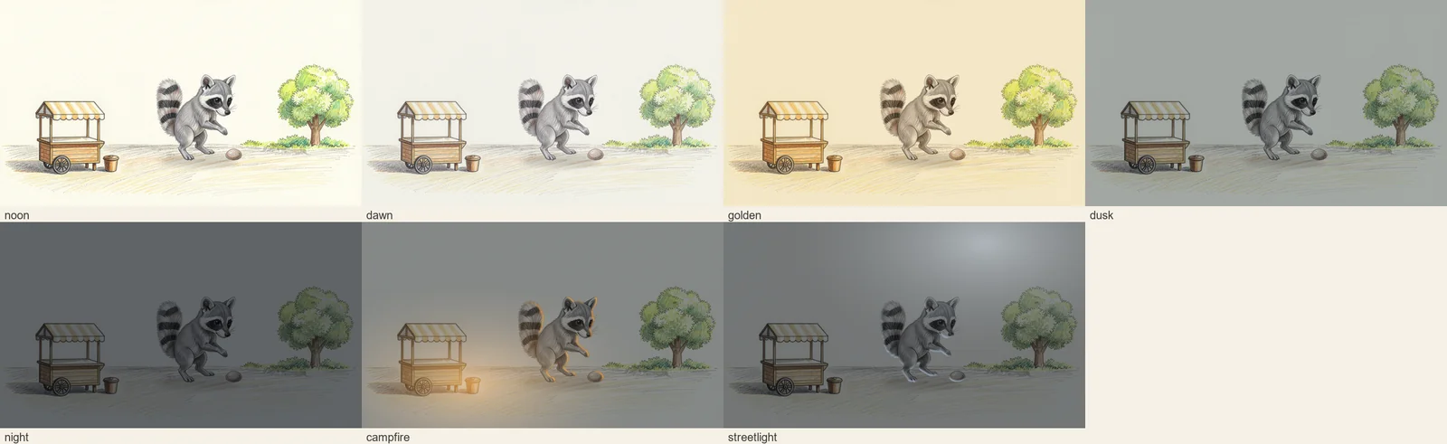 The same raccoon and background under seven light recipes: noon, dawn, golden hour, dusk, night, campfire, streetlight.