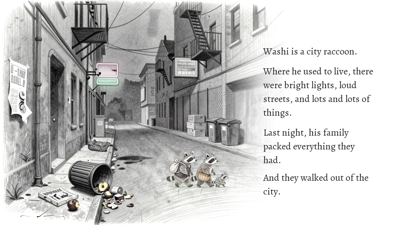 Episode one, page one: a grey city alley in pencil, the raccoon family walking right, text set in the pale margin.