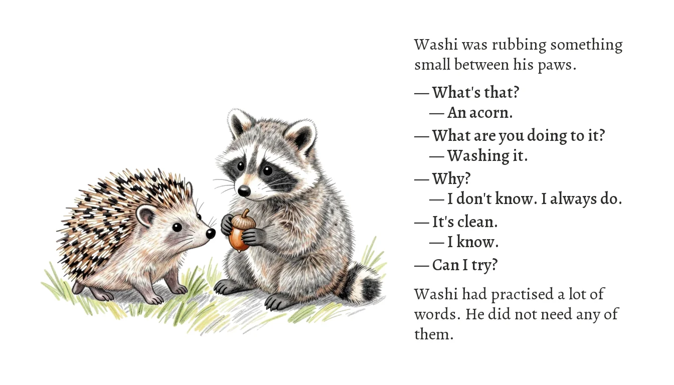 A vignette page: the hedgehog and the raccoon holding an acorn, with dialogue set in alternating indents on the right.