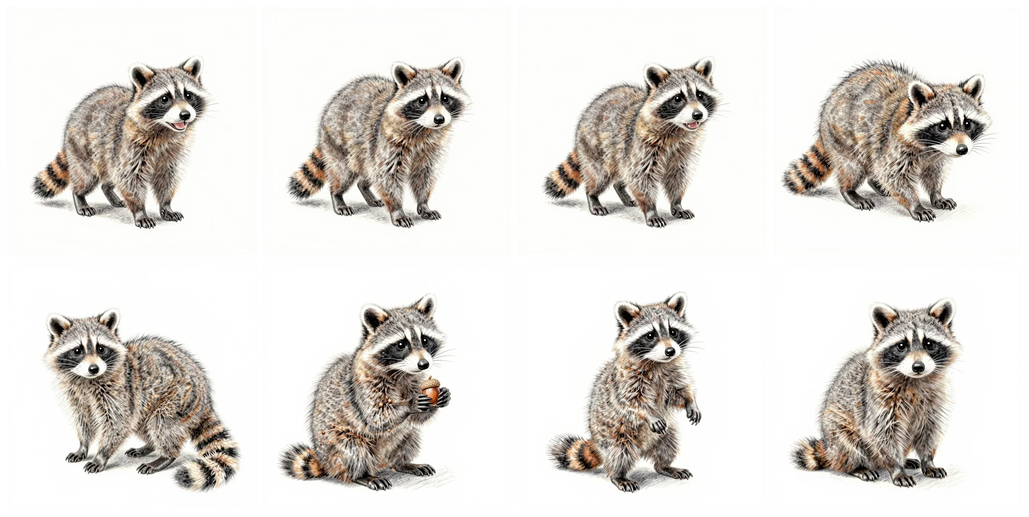 Eight images of the same raccoon: four expressions in the top row, four difficult poses in the bottom row, all in the same colored-pencil style.