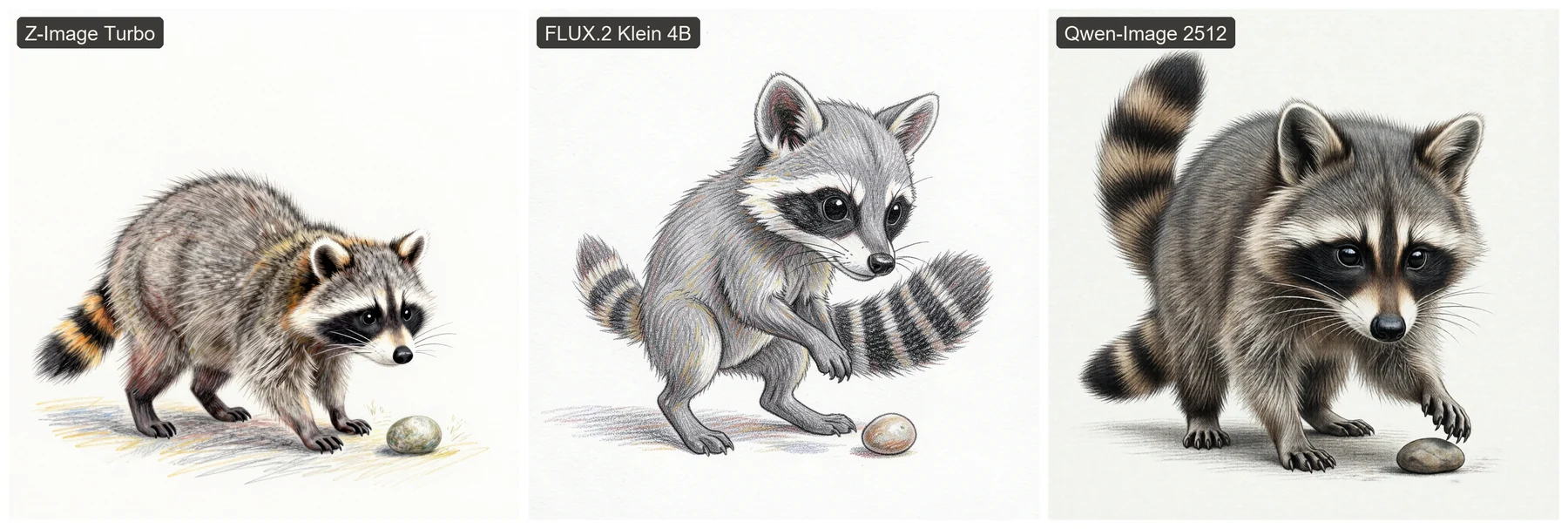Three raw outputs of the same raccoon prompt: Z-Image Turbo, FLUX.2 Klein 4B, and Qwen-Image 2512, each with a different balance of anatomy and pencil texture.