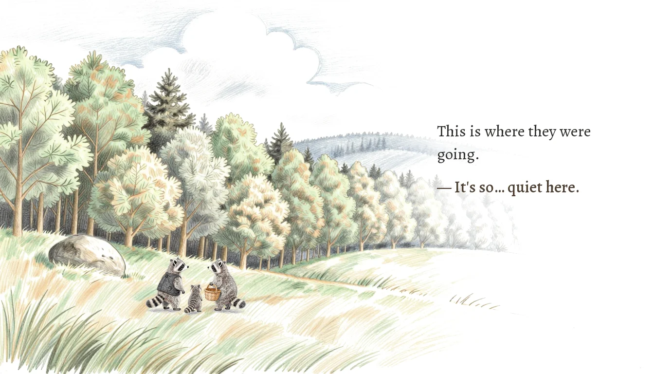 Page 2: the family looks over a quiet forest valley.