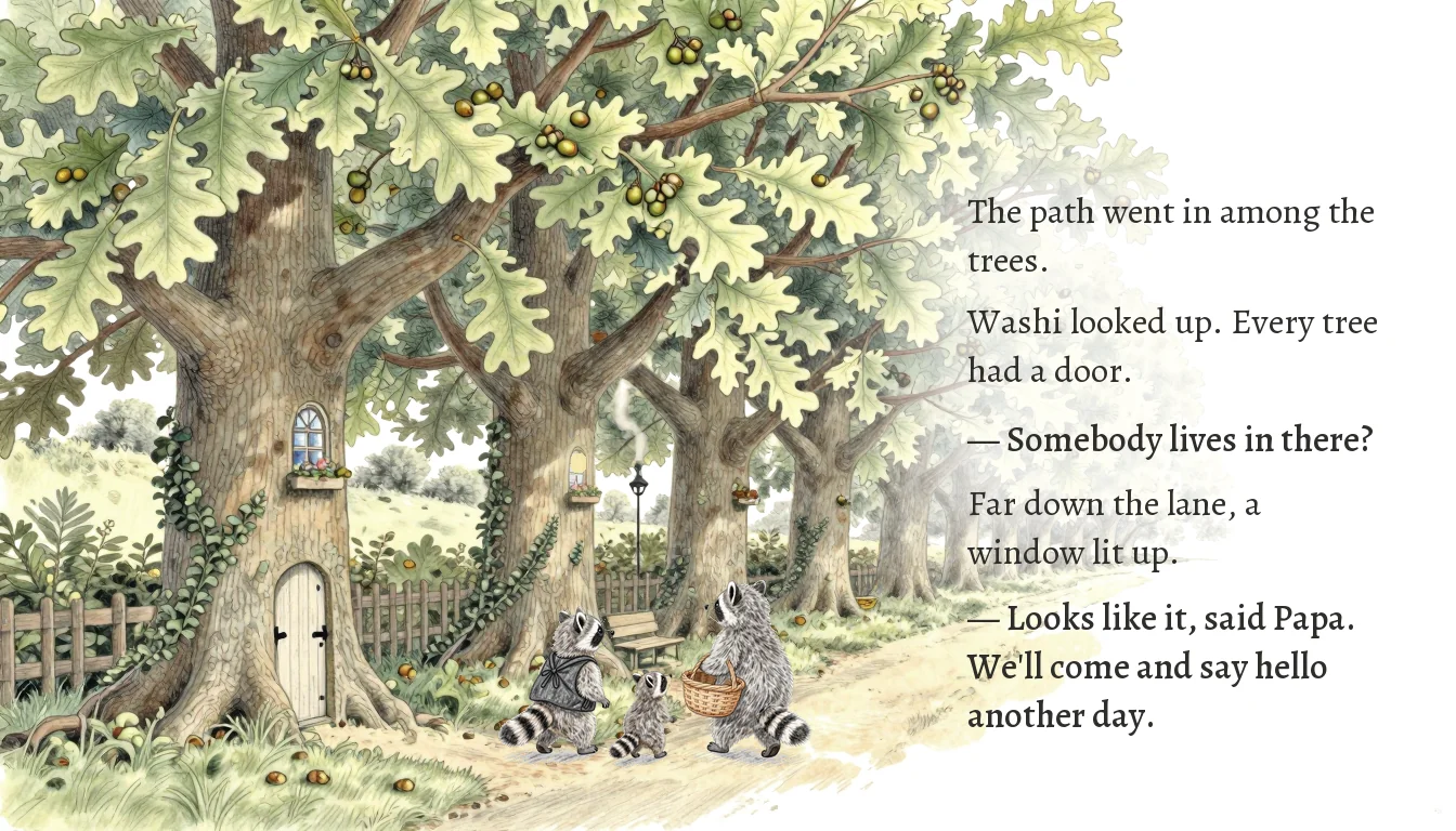 Page 3: a lane of oak trees, each with a little door.