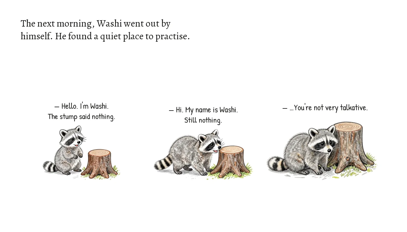 Page 4: three small drawings of Washi practising greetings on a stump.