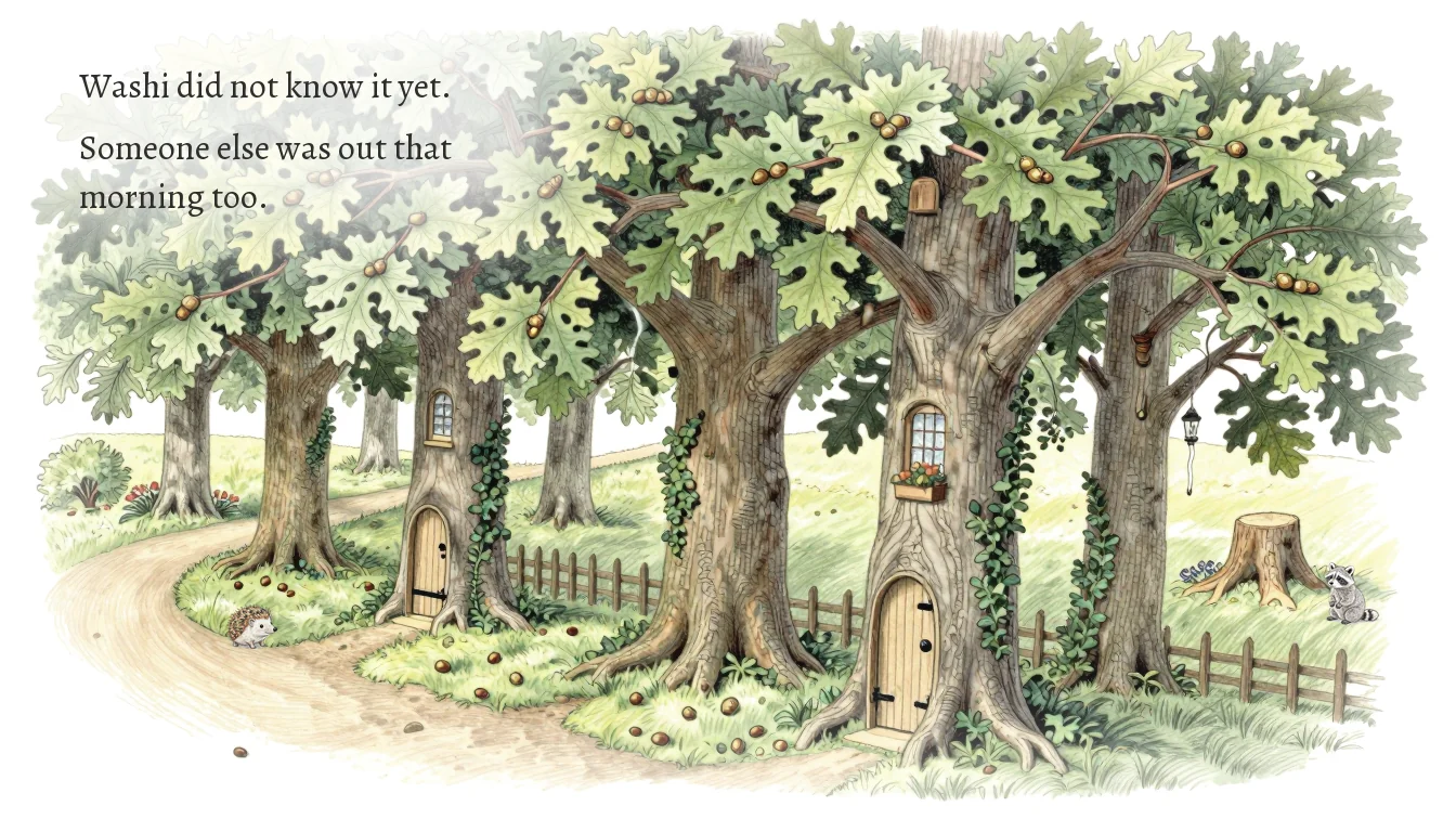 Page 5: a map-like view of the village, with a hedgehog on the path.