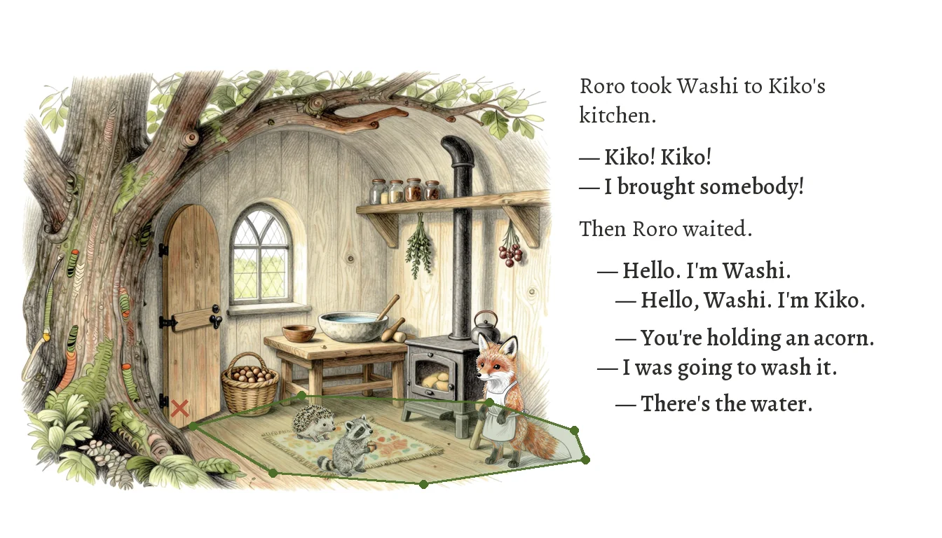 Kiko's kitchen with a green polygon drawn over the wooden floor, and a red cross on the doorstep outside the polygon.