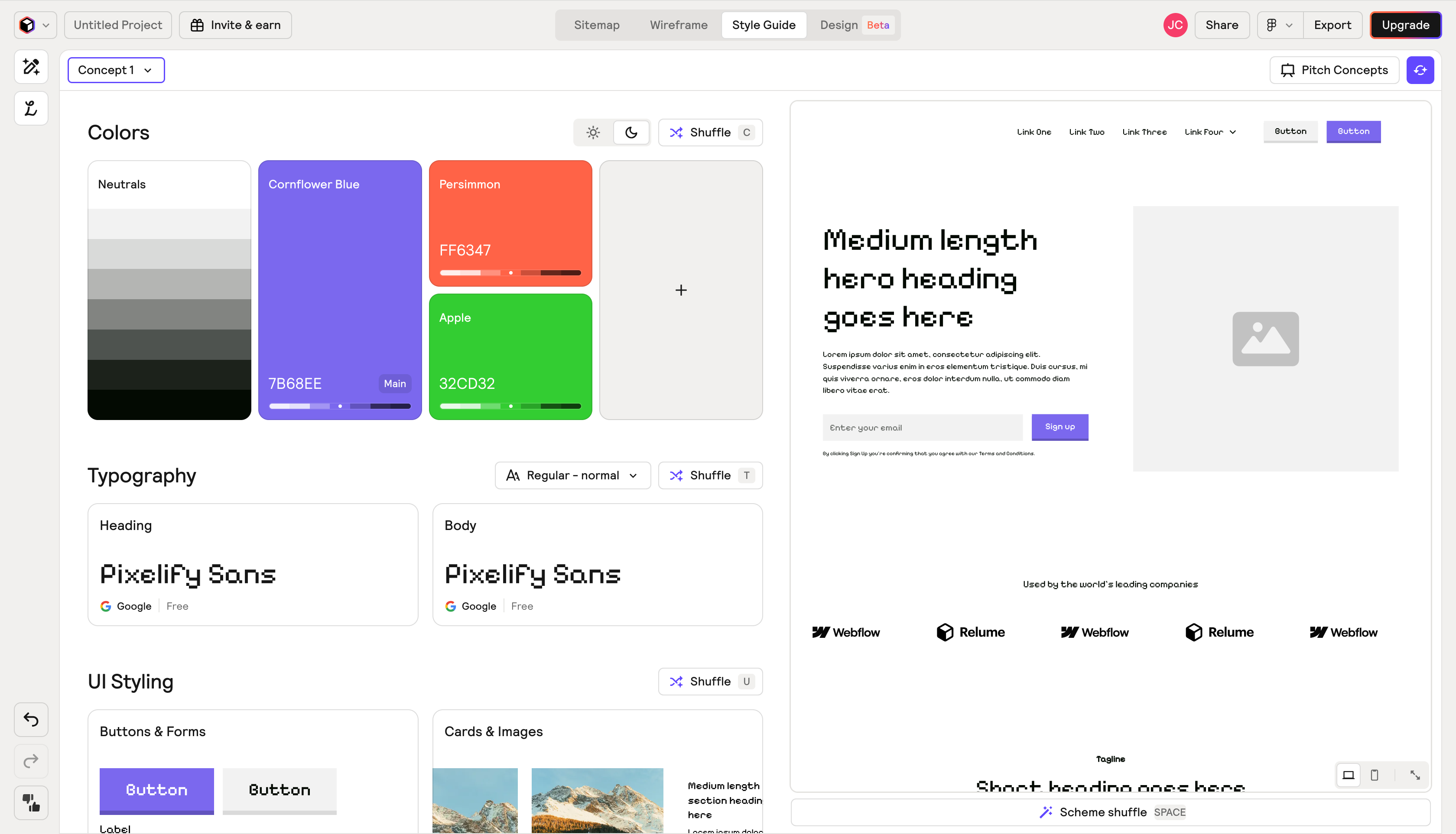 Relume's style guide screen: a Colors section with Neutrals, Cornflower Blue, Persimmon, and Apple swatches, a Typography section set in Pixelify Sans, and a UI Styling section.