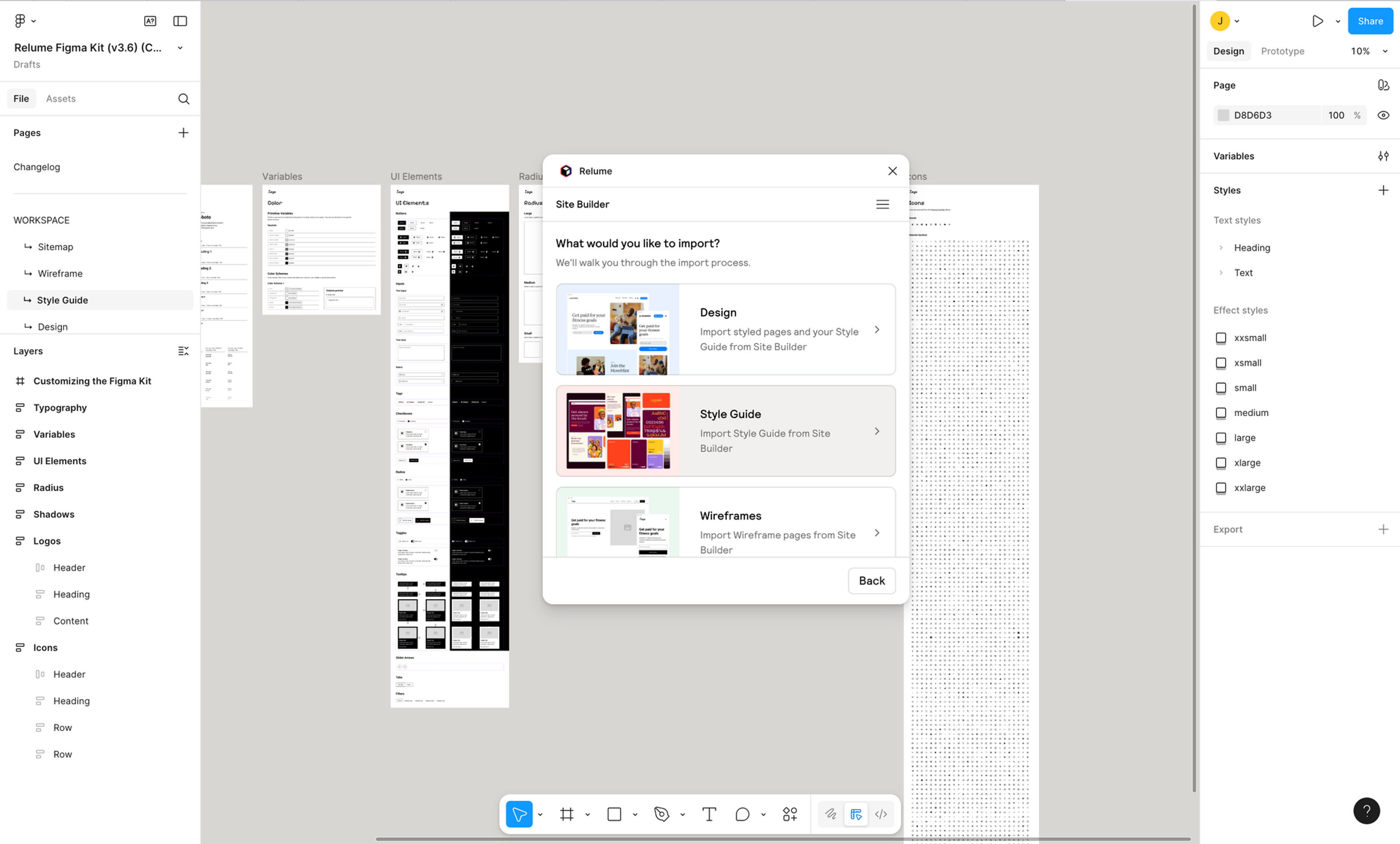 The Relume plugin's Site Builder dialog in Figma, asking what to import: Design, Style Guide, or Wireframes.