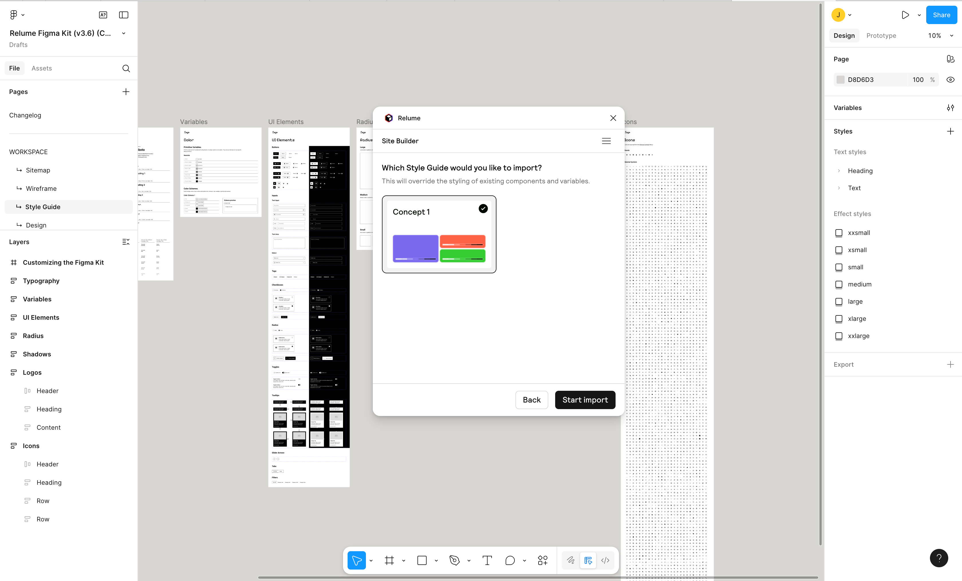The Relume plugin asking which style guide to import, with Concept 1 selected and a Start import button.