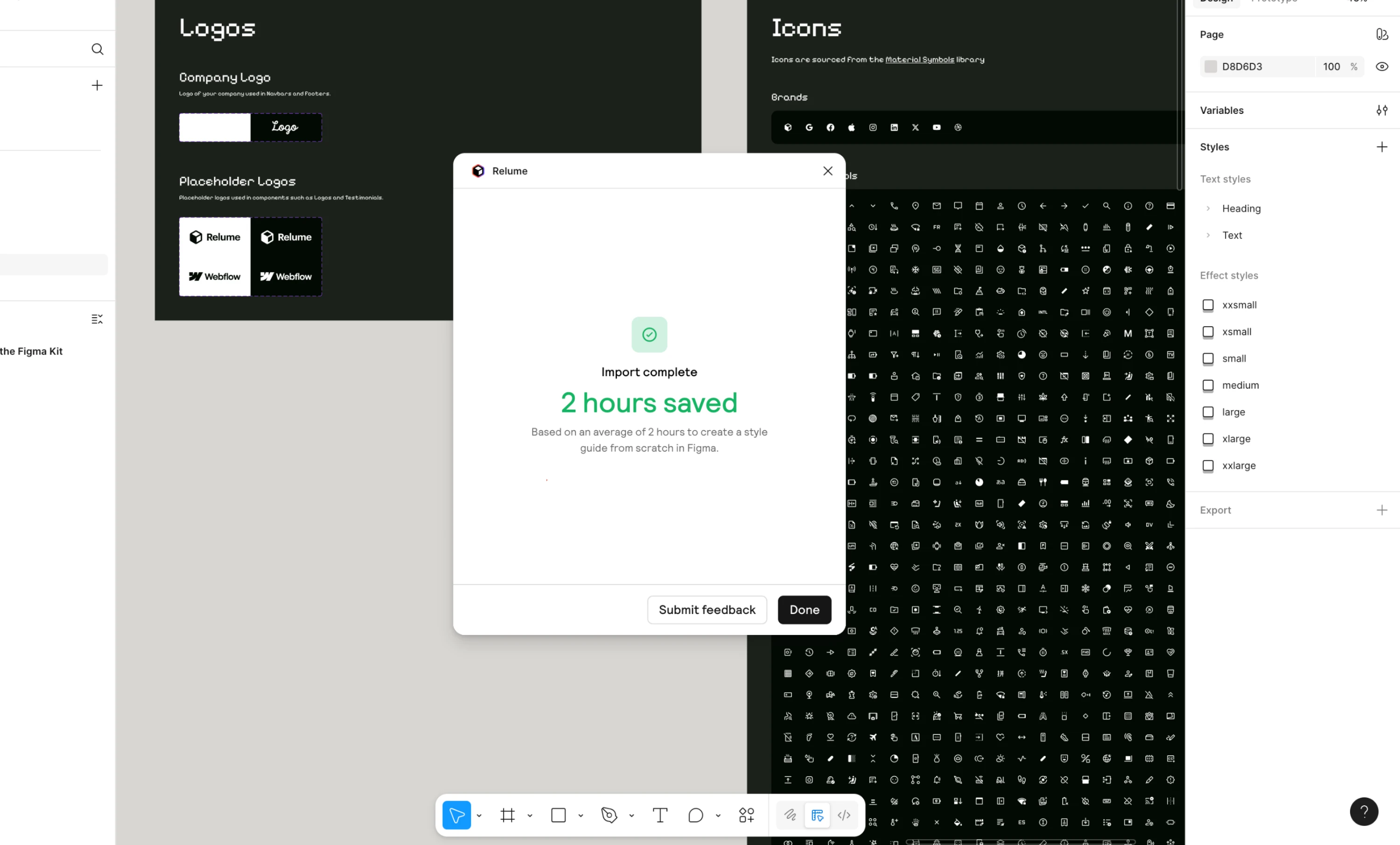 The Relume plugin showing Import complete and 2 hours saved, with the imported icons and logos visible in the Figma file behind it.