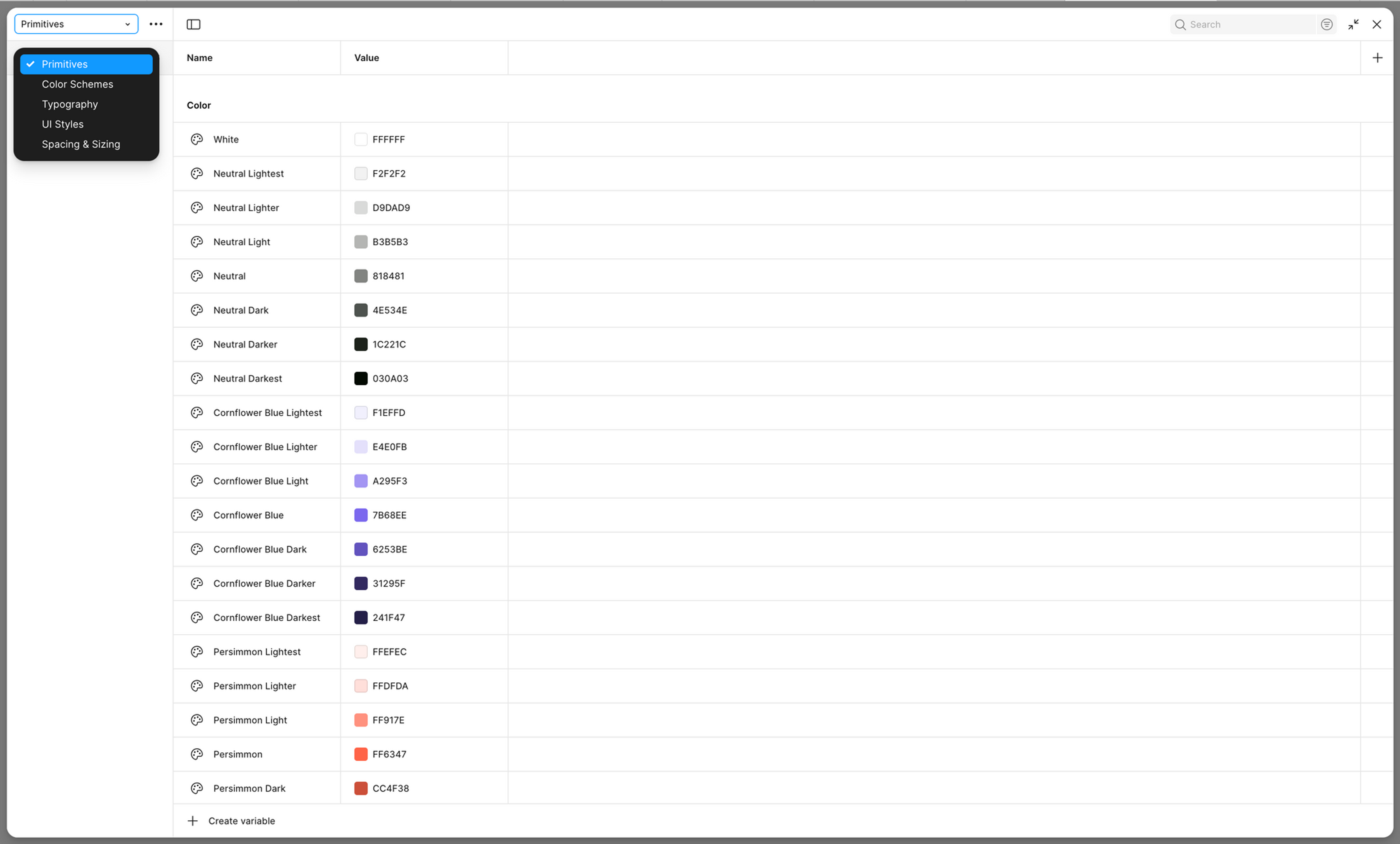 Figma's variables panel showing Primitives: a Color group with White, a Neutral scale, a Cornflower Blue scale, and a Persimmon scale, each named and tied to a hex value.
