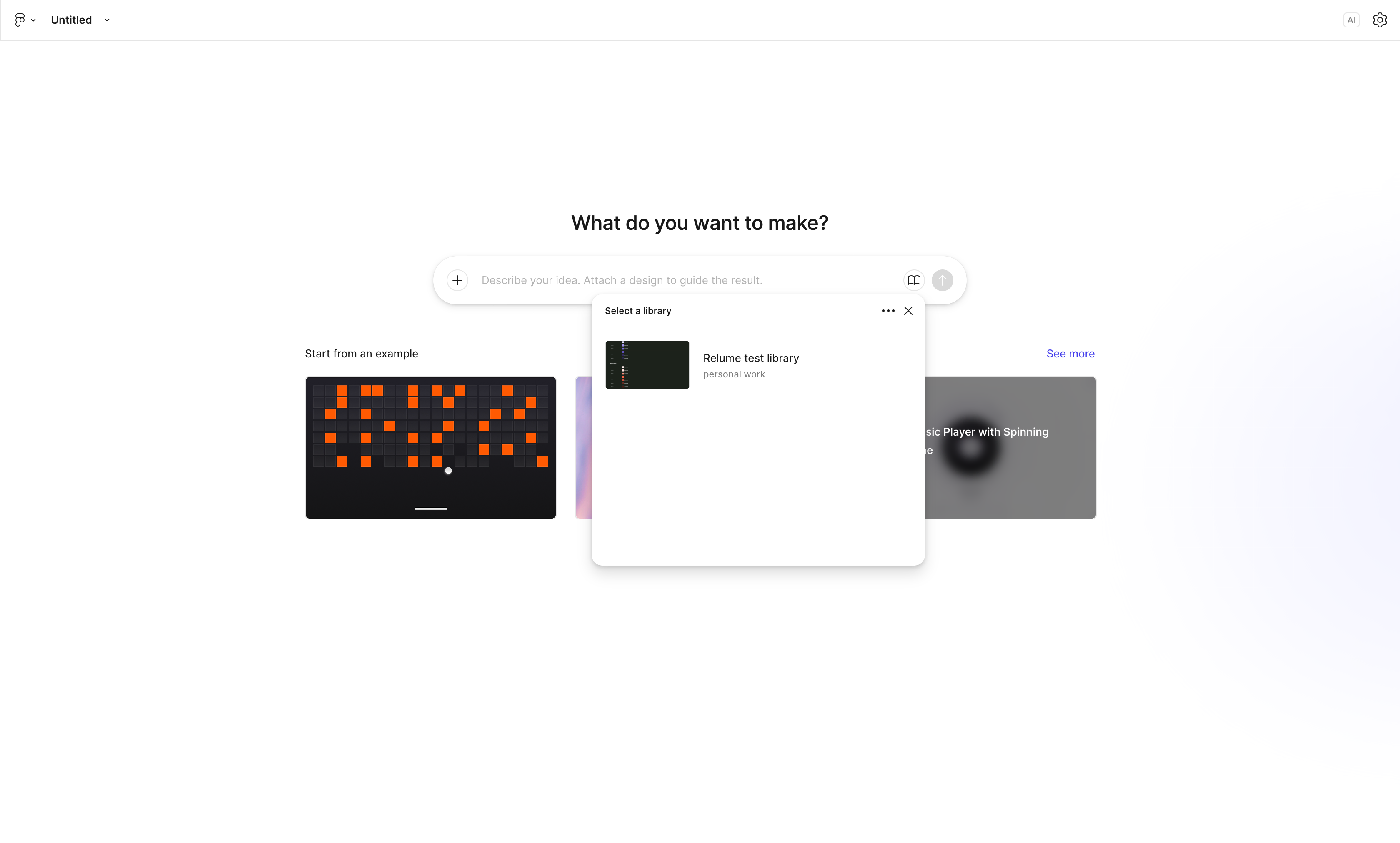 Figma Make's What do you want to make? prompt screen, with a Select a library dialog pointing at the Relume test library.