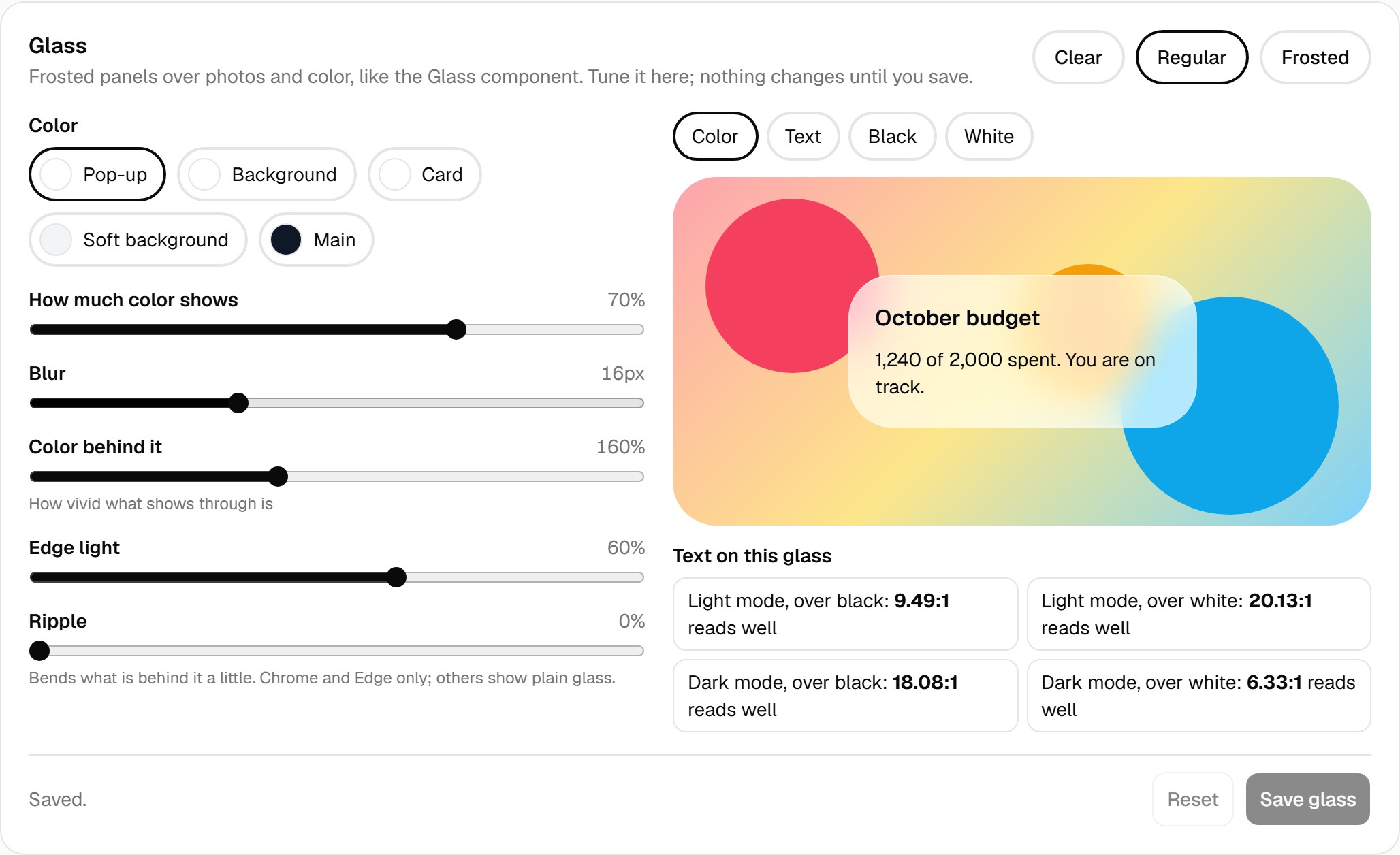 Plinth's glass settings: sliders for color, blur, edge light and ripple, a live glass panel over a colorful backdrop, and how its text reads over black and over white in light and dark mode.