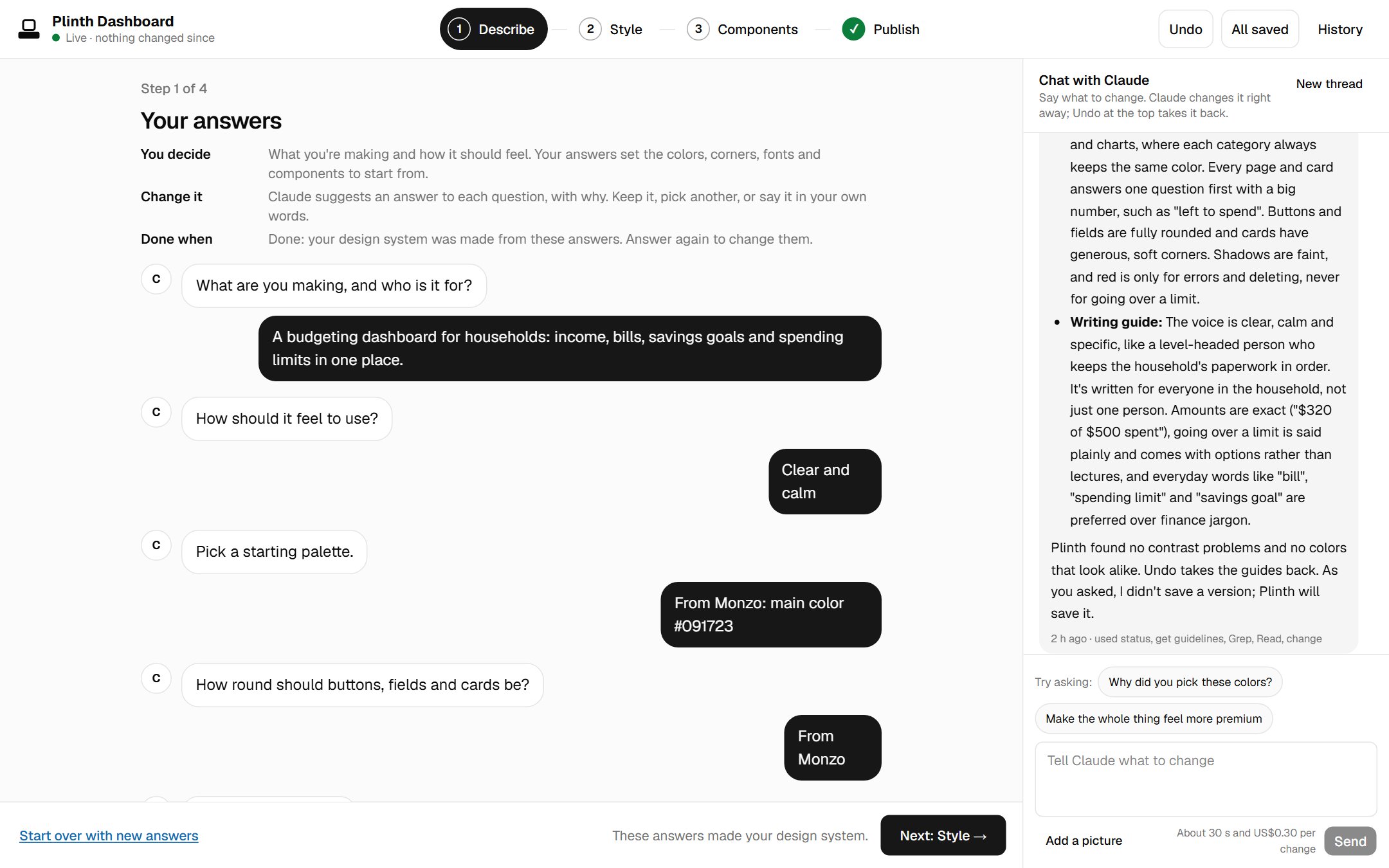 The Describe step after creation: each question and its answer in a chat-like list, with Claude's chat on the right summarizing the guidelines it wrote.