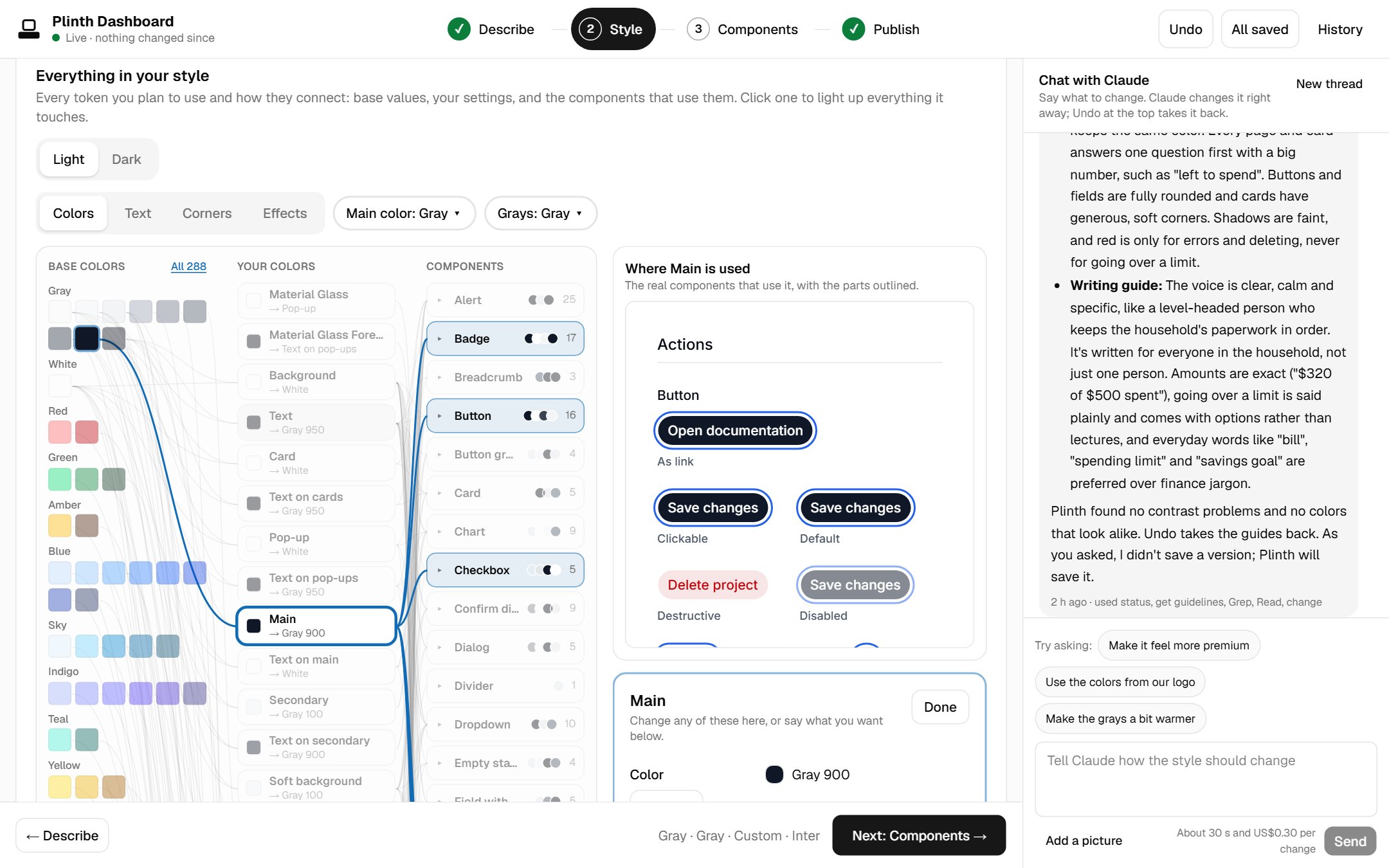 The Style step: base colors, the system's colors and its components in three columns joined by lines; the main color is selected, its chain is highlighted, and the components that use it are shown on the right with an edit panel.
