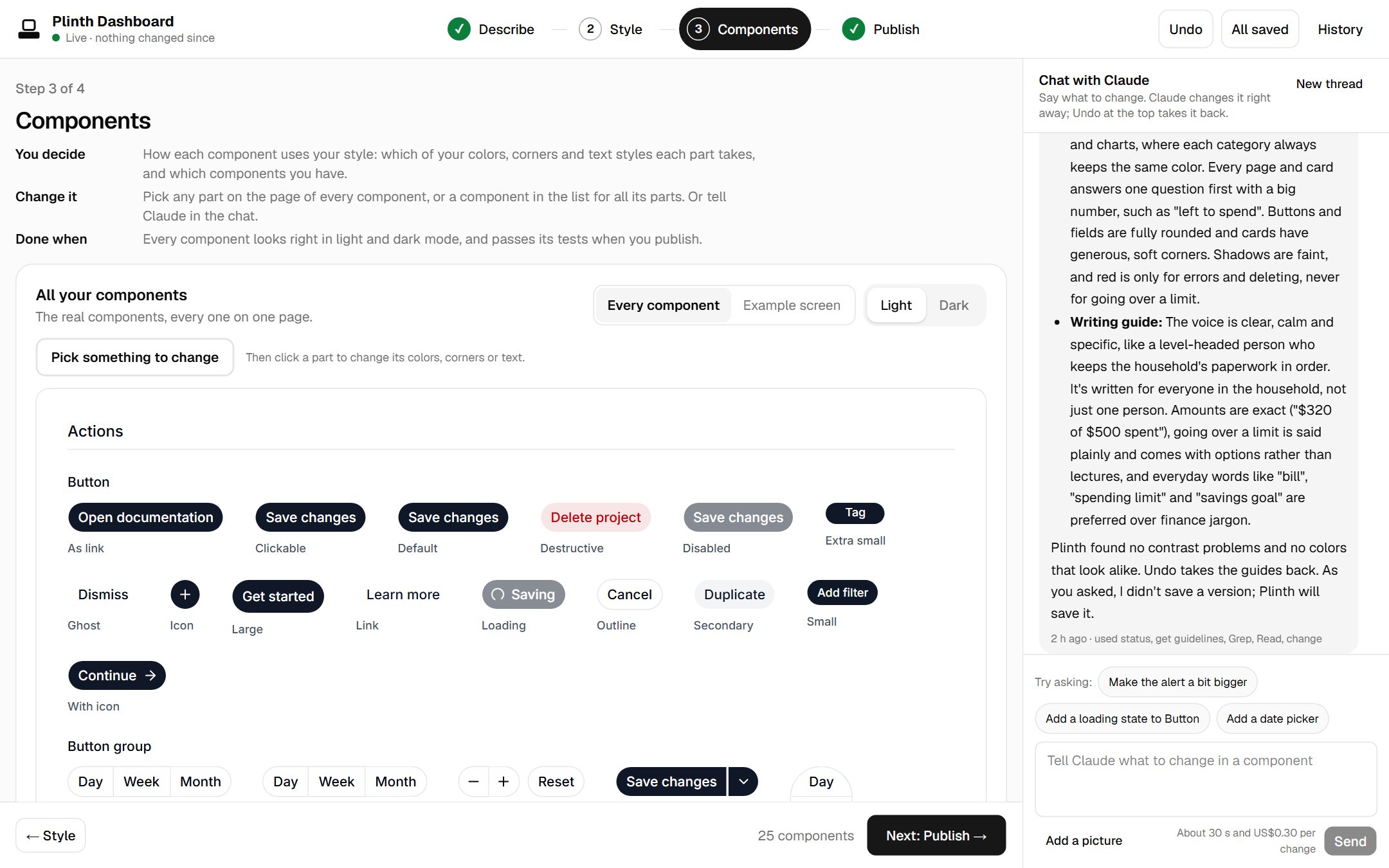 The Components step: every component on one page in the system's style, with a toggle between every component and the example screen, and a button to pick something to change.