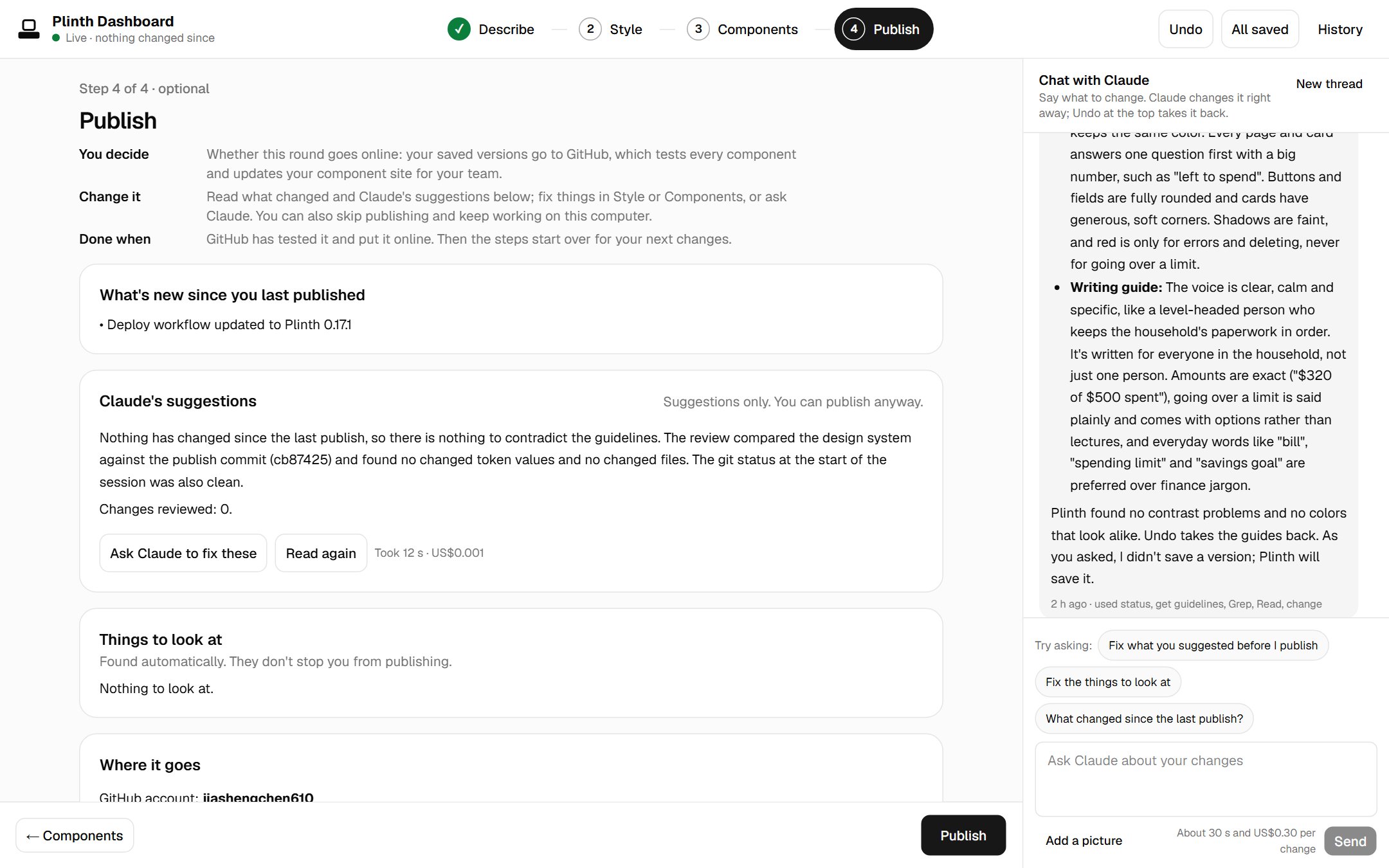 The Publish step: what is new since the last publish, Claude's suggestions, things to look at, and where it goes on GitHub, with a Publish button.