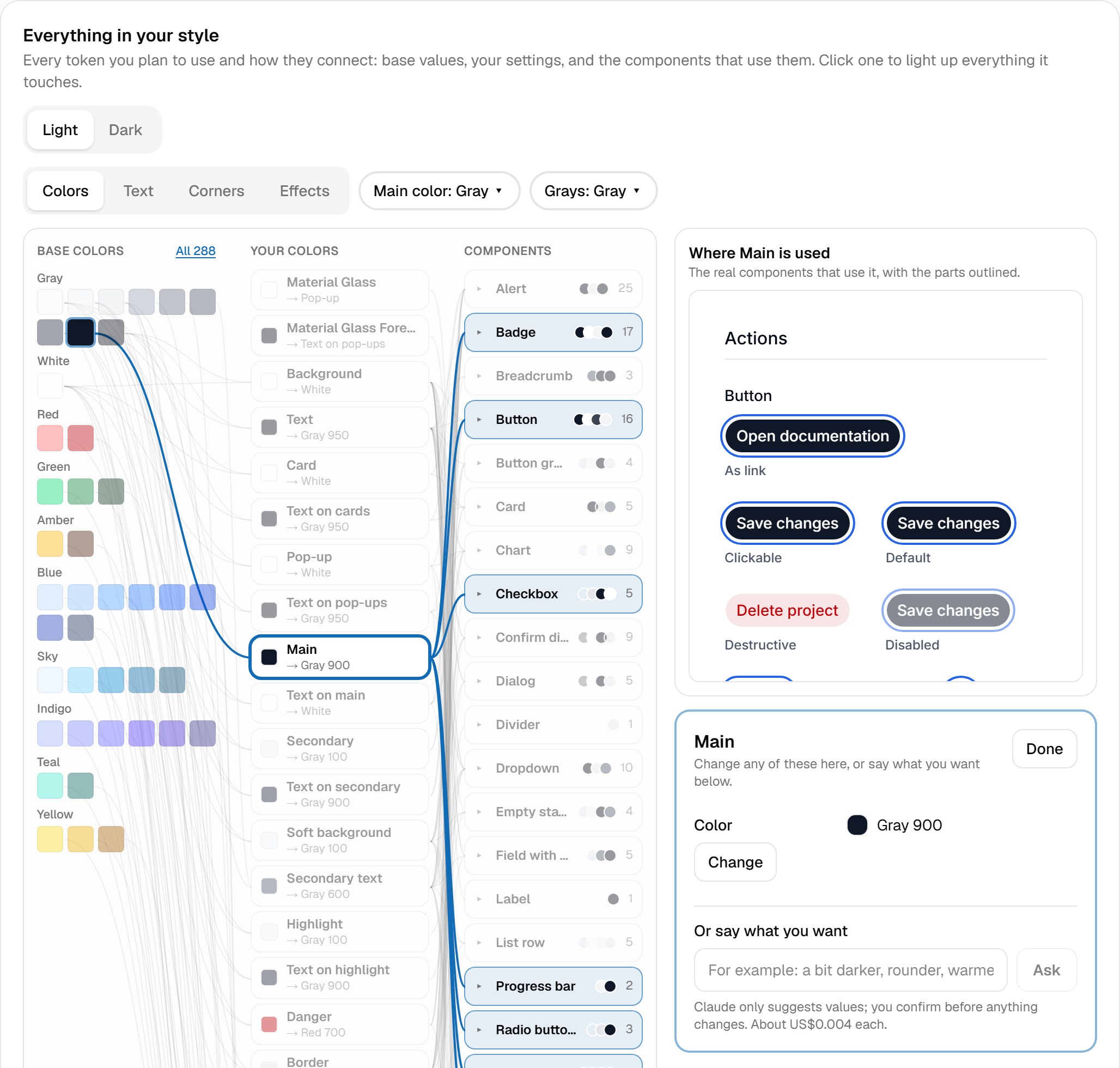 Plinth's Style step: three columns of tokens, base colors, my colors and components, joined by lines. The main color is selected, its chain is highlighted, and on the right the real components that use it are outlined, with a panel to change it.