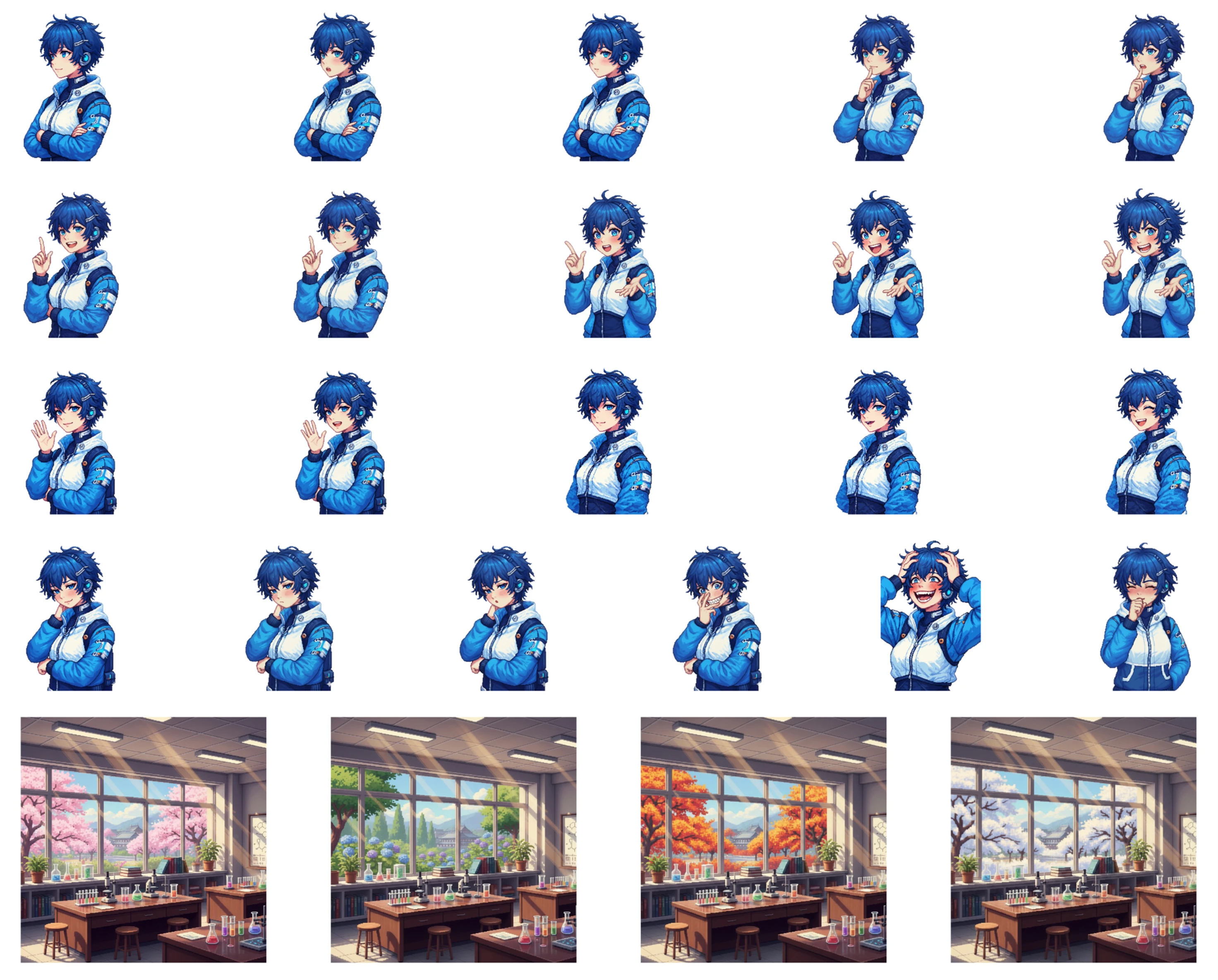 The avatar's few basic expressions, plus the background variations used in the videos.