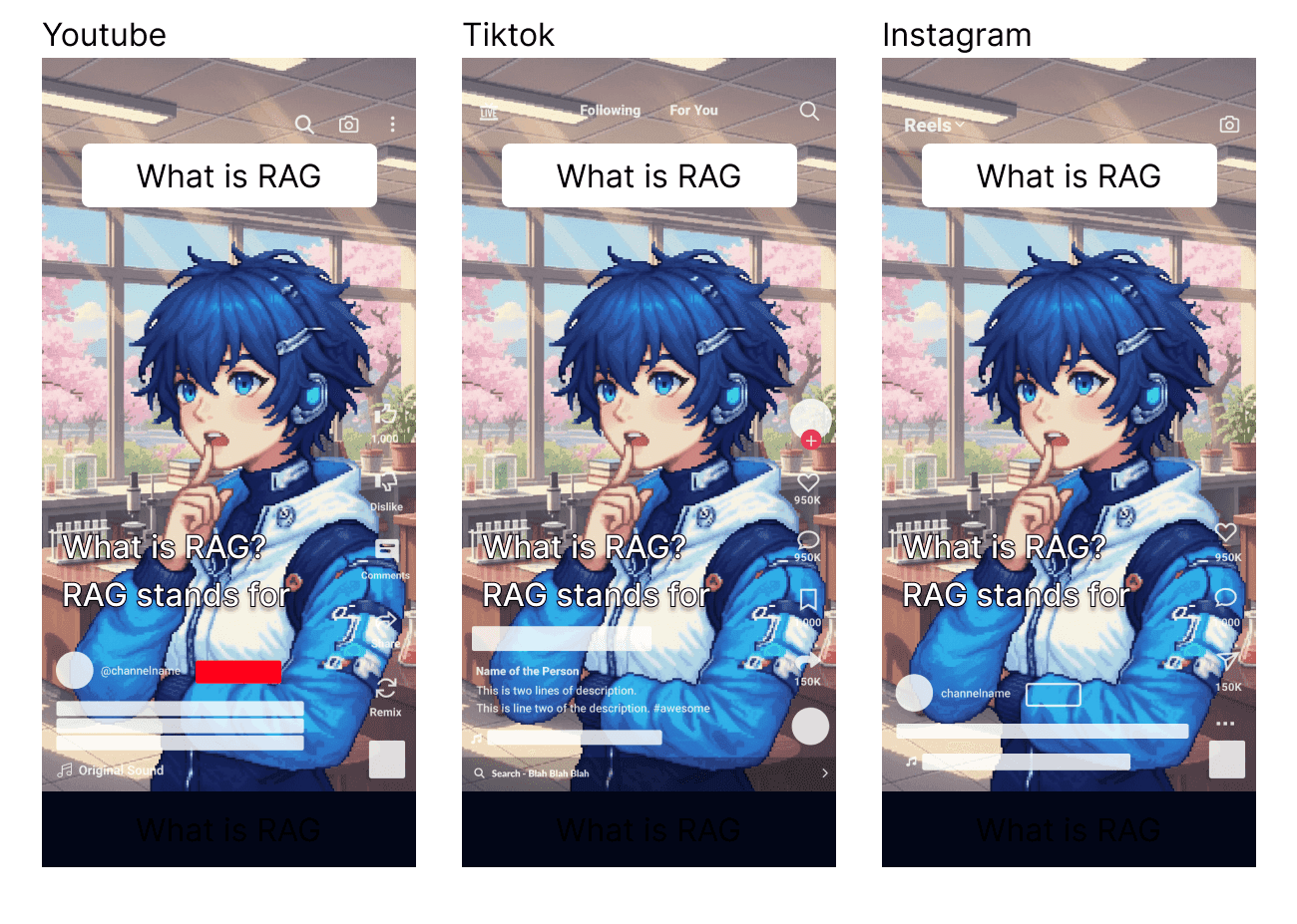 The same script output as vertical short videos for several platforms.