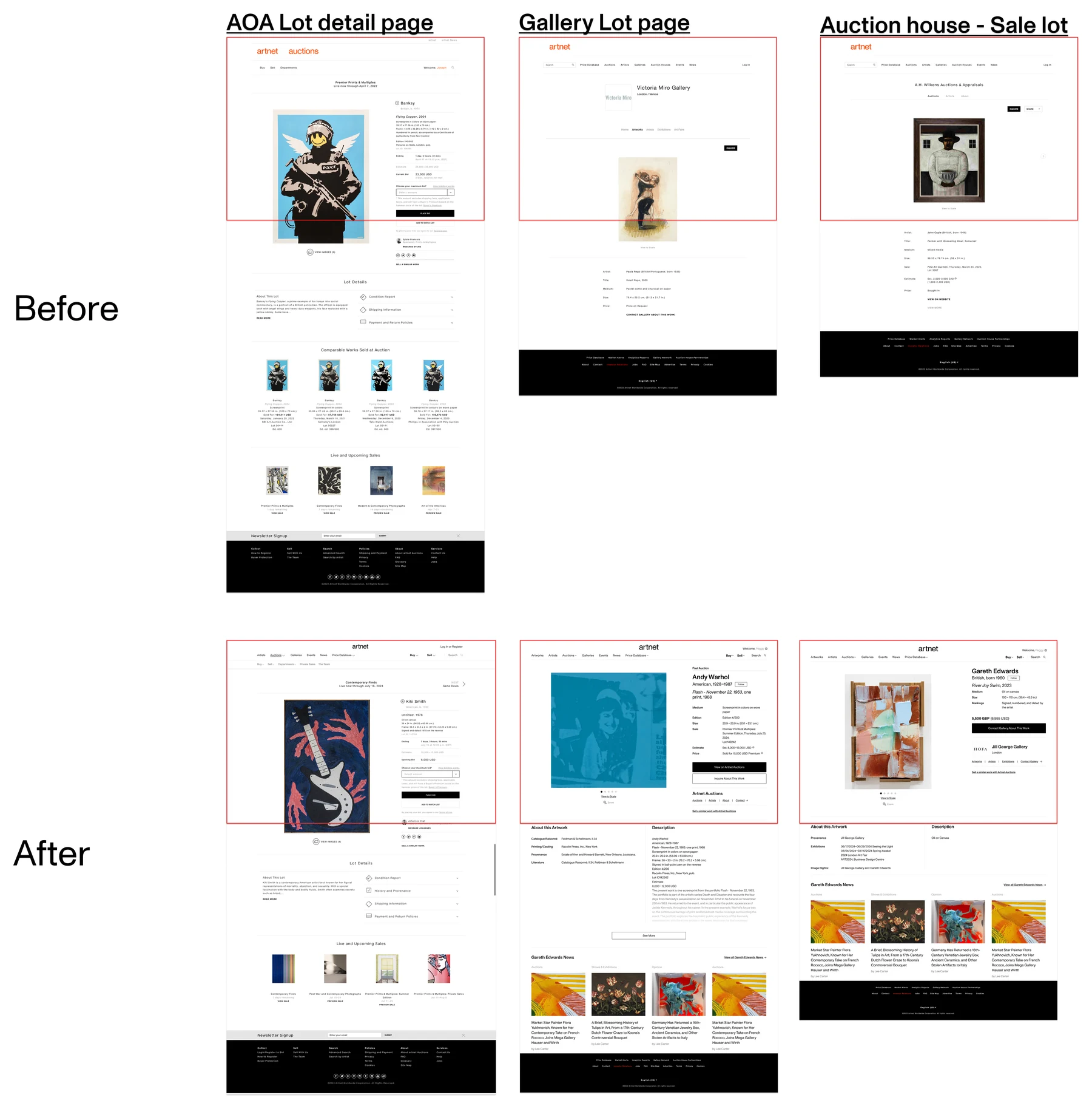 Before and after for three artwork detail pages: an artnet Auctions lot, a gallery work, and an auction-house sale lot, showing a clearer information hierarchy for source, market data, and related works.